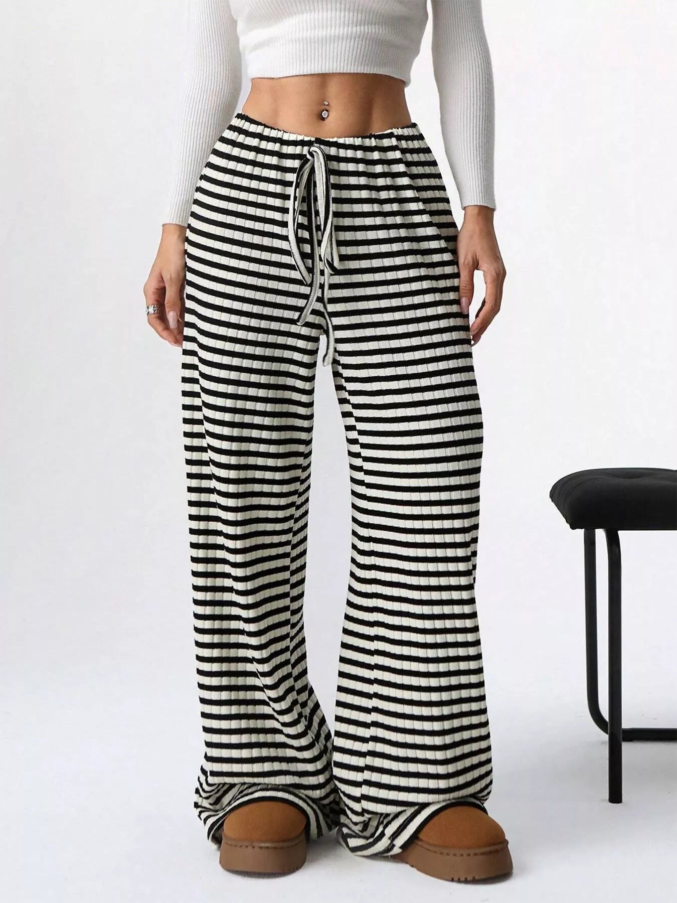 Striped Ribbed Knit Drawstring Waist Wide Leg Pants New Era Fashion LLc