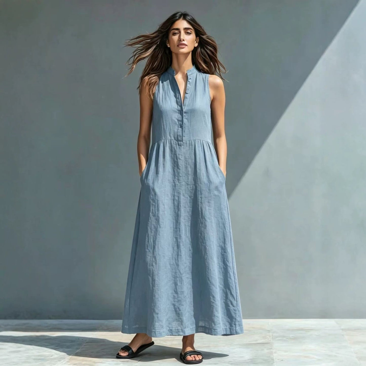 Women's Stand-Collar A-Line Maxi Dress – Resort & Vacation Style FitiqueFit