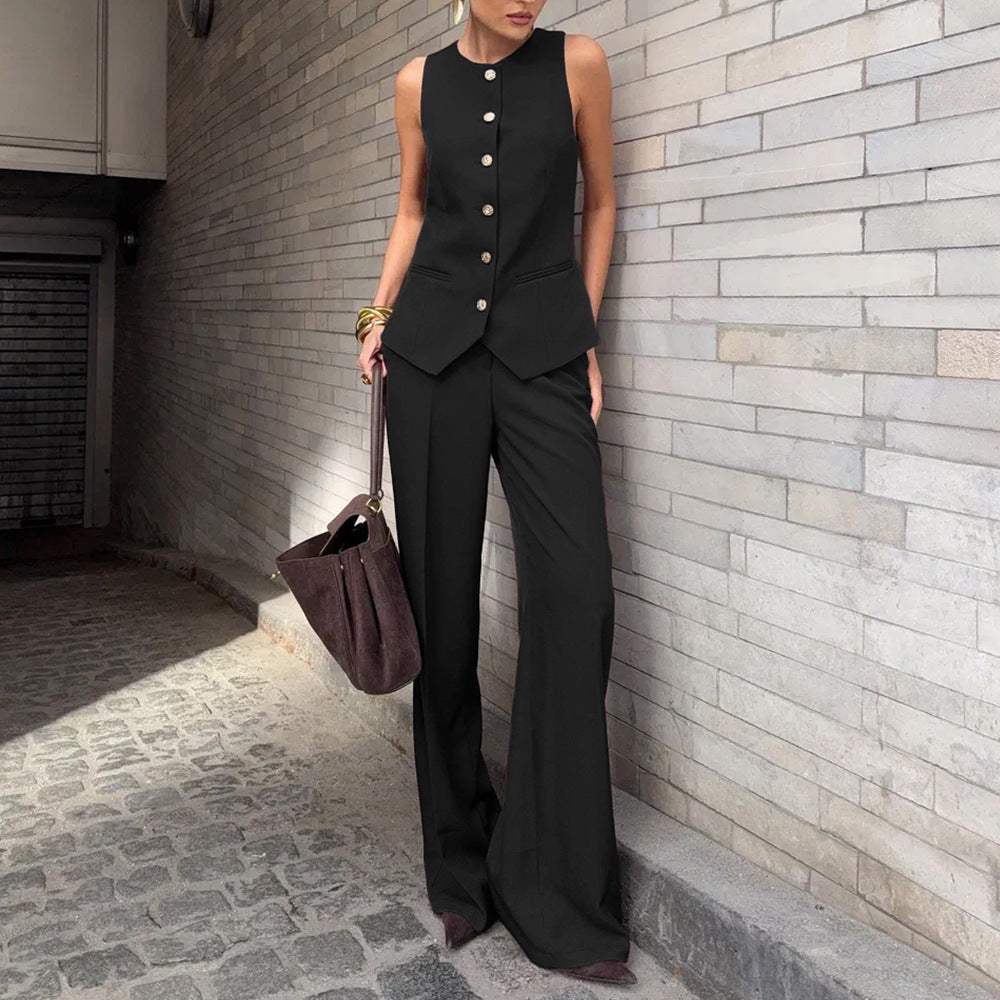 Women's Elegant Sleeveless Vest & Wide-Leg Pants Set – Office 2-Piece FitiqueFit