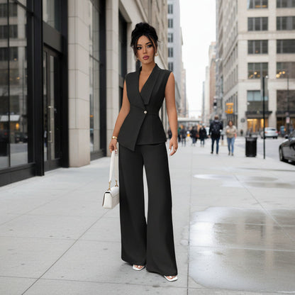 Women's Sleeveless Blazer & Straight-Leg Pants Two-Piece Set FitiqueFit