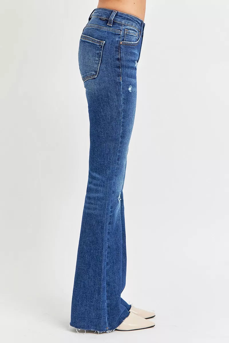 RISEN Full Size Distressed Mid Rise Flare Jeans Plus Size Garden Naked Curves