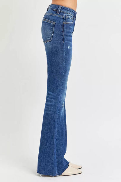 RISEN Full Size Distressed Mid Rise Flare Jeans Plus Size Garden Naked Curves