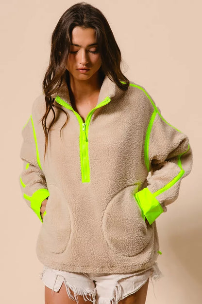 BiBi Contrast Edge Half Zip Up Sherpa Jacket FitiqueFit