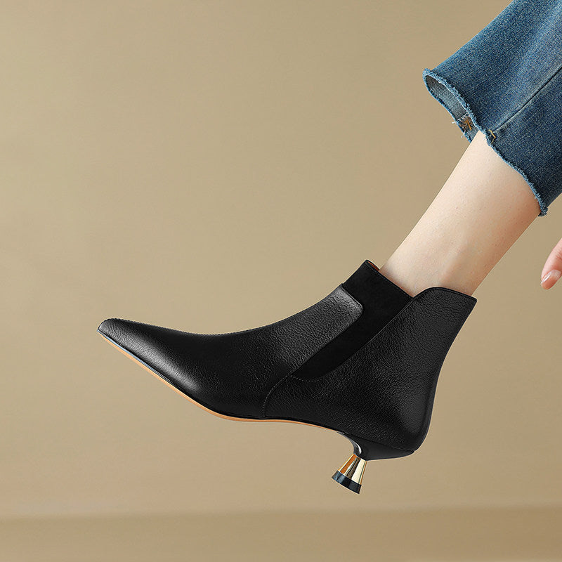 Women's Genuine Leather Kitten Heel Ankle Boots – Pointed Toe Side Zip FitiqueFit