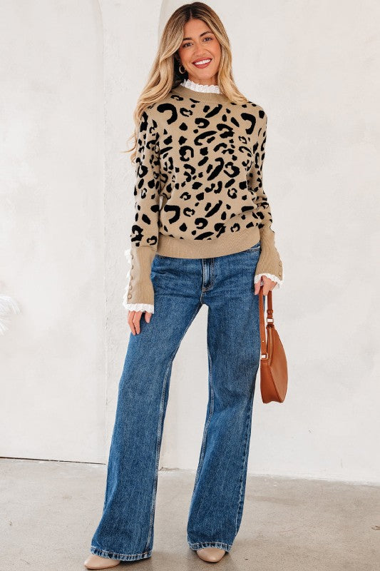 Leopard Lace Ribbed Trim Buttoned Cuff Sweater Shop Style & More | Fresh Looks, Everyday Deals & Free Shipping