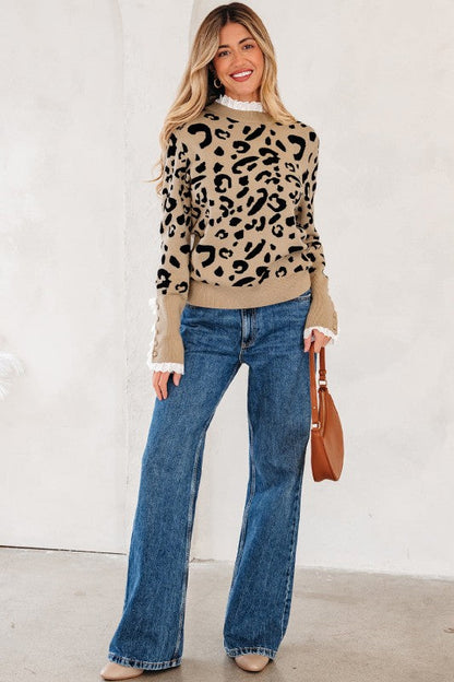 Leopard Lace Ribbed Trim Buttoned Cuff Sweater Shop Style & More | Fresh Looks, Everyday Deals & Free Shipping