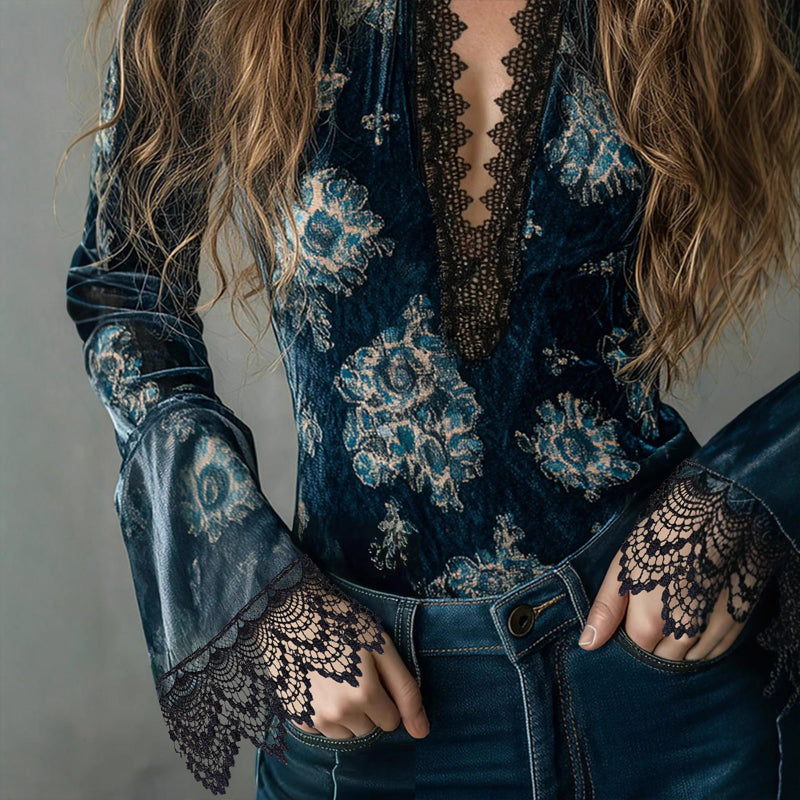 Women’s Retro Lace Panel V-Neck Blouse – Elegant Print Bell Sleeve Top for Spring & Autumn Wear FitiqueFit