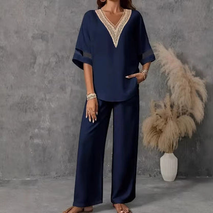 Women's Embroidered V-Neck Top & Wide-Leg Pants Set – 5 Colors S–XXL FitiqueFit