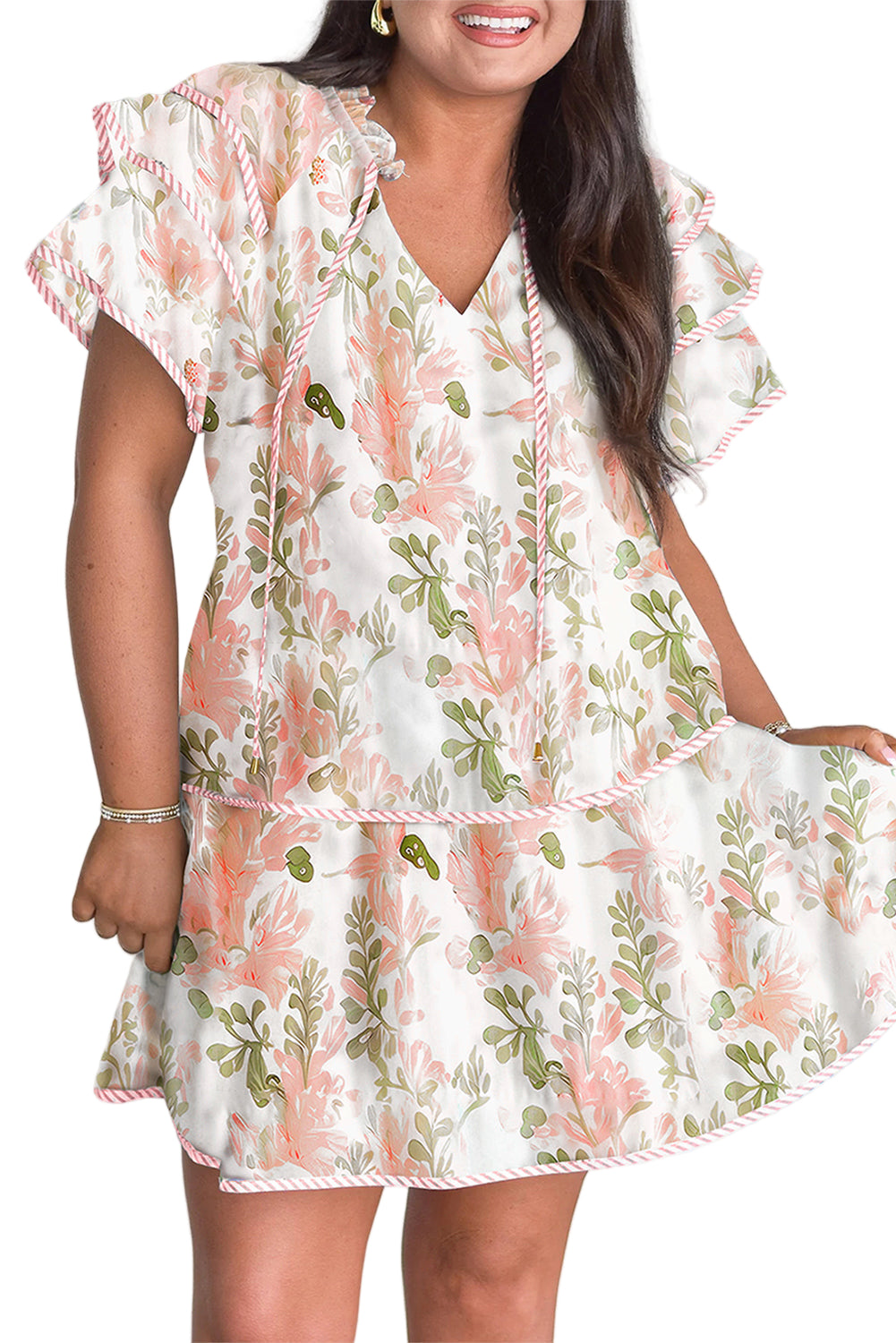Pink Plus Size Floral Print Striped Detail Short Summer Dress Garden Naked Curves