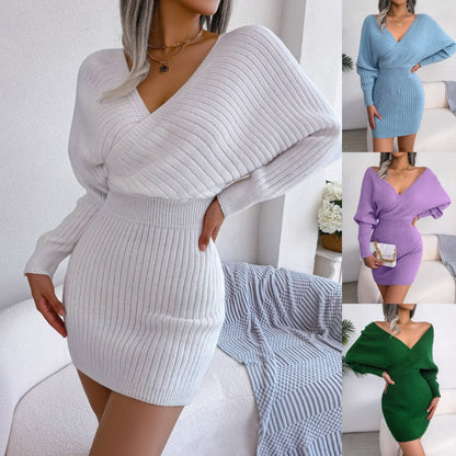 Cross V-Neck Bat-Sleeve Hairy Dress – Autumn/Winter FitiqueFit