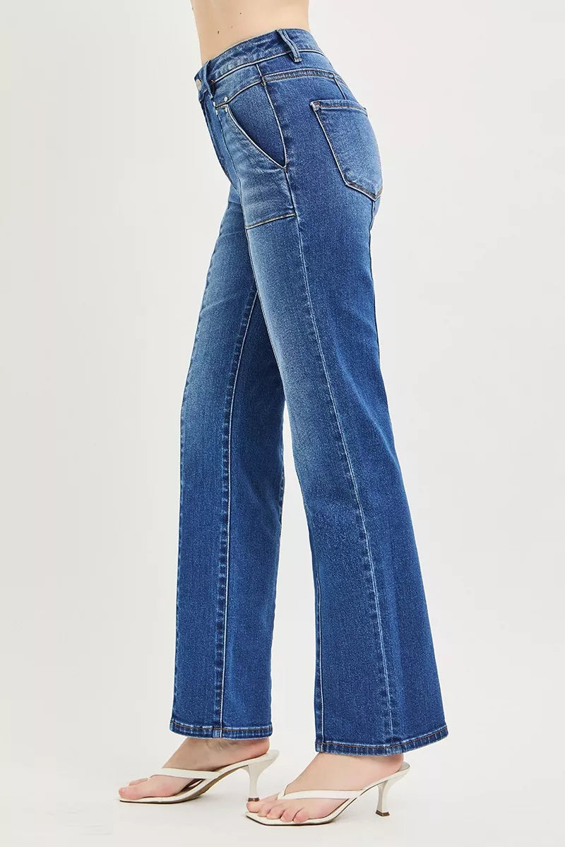 RISEN High Rise Straight Patch Pocket Seamed Jeans New Era Fashion LLc