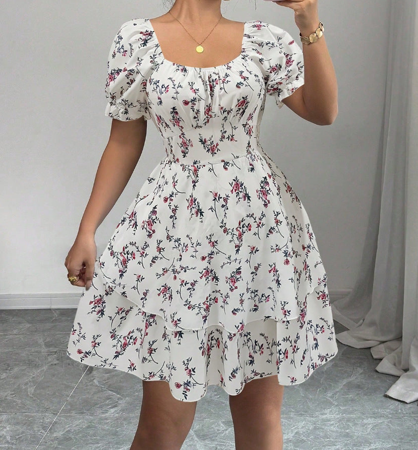 Ditsy Floral High Waist Flared Midi Dress – Short Sleeve Backless Summer Dress FitiqueFit