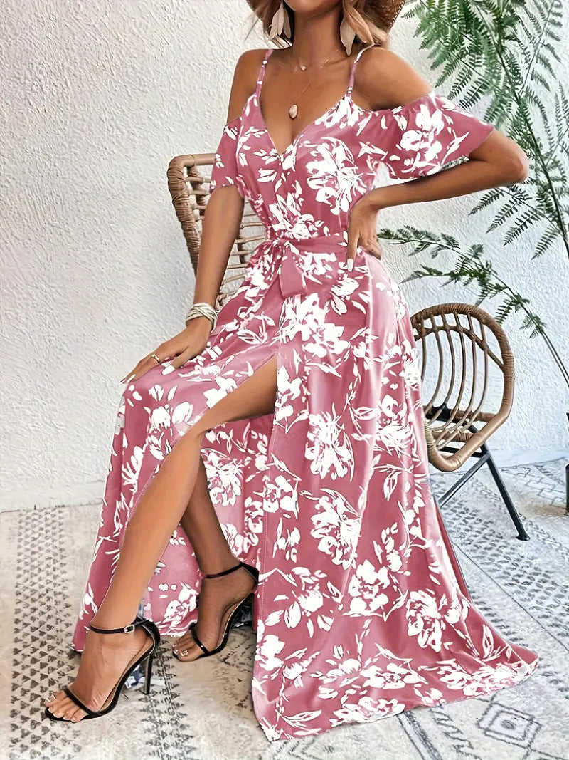 Ins Off-Shoulder Split Dress Summer Floral Print Suspender Long Dresses With Belt Design Women's Beach Clothing Grayceful LLC