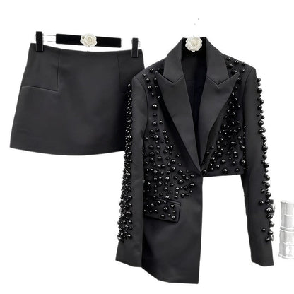 Womens Fashionable Deep V-Neck Heavy-Detailed Beaded Blazer And Skirt Set See size chart under “more details” The Fashion Celestial