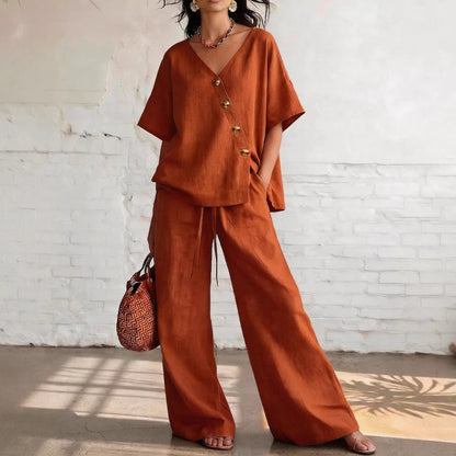 Women's Loose Cotton-Linen V-Neck Top & Wide-Leg Pants Set FitiqueFit