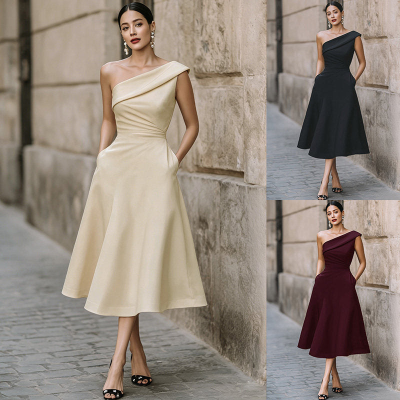 Women's Off-Shoulder Swing Dress – Solid Color Flowy Midi FitiqueFit