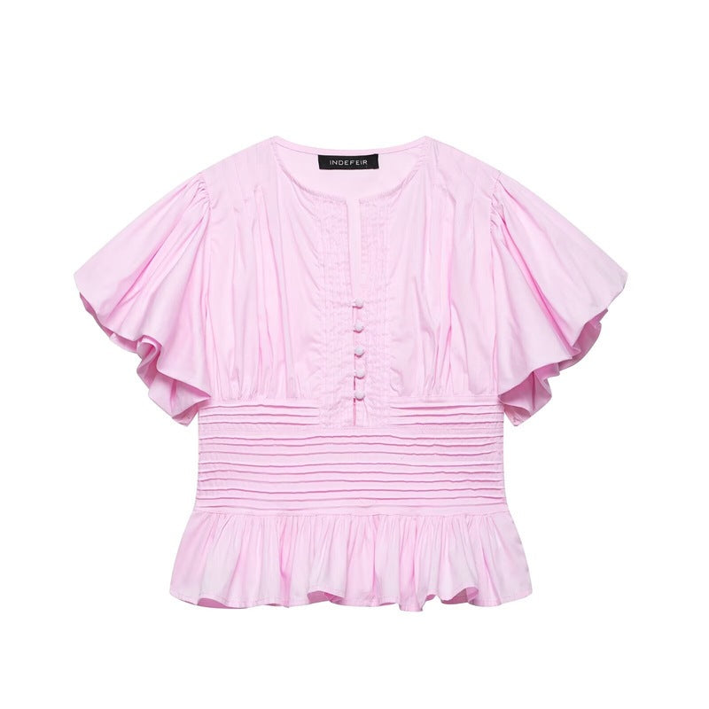 Women's Ruffle-Trim Puff-Sleeve Blouse Top – Slim-Fit Elegant FitiqueFit