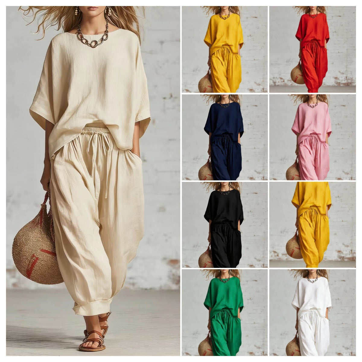 Women's Solid Color Loose Casual Set – T-Shirt & Ankle Pants FitiqueFit