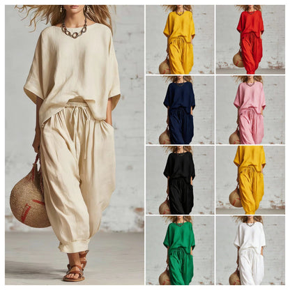 Women's Solid Color Loose Casual Set – T-Shirt & Ankle Pants FitiqueFit