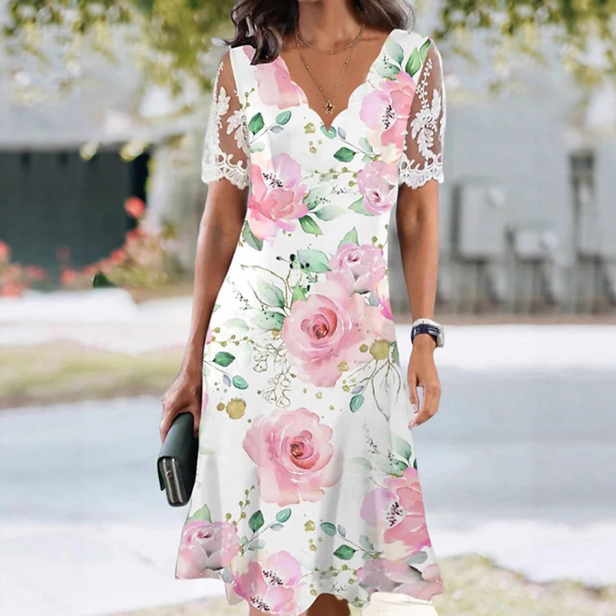 Women's Floral Lace Flounce Neckline High-Waist A-Line Midi Dress FitiqueFit