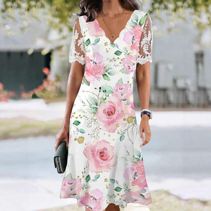 Women's Floral Lace Flounce Neckline High-Waist A-Line Midi Dress FitiqueFit
