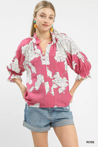 Umgee Peony Illustration Print Flounce Sleeve Blouse FitiqueFit