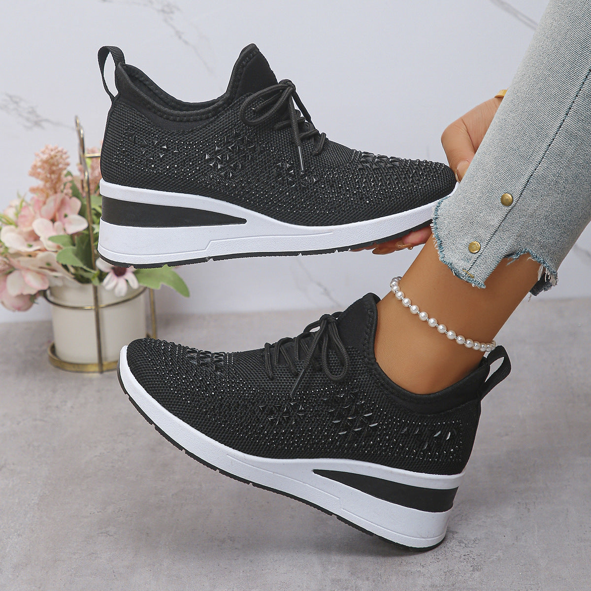 Ins Rhinestone Sneakers Fashion Lace Up Wedges Casual Shoes Women's Daily Commuting Sports Shoes See size chart under “more details” The Fashion Celestial