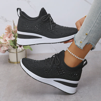Ins Rhinestone Sneakers Fashion Lace Up Wedges Casual Shoes Women's Daily Commuting Sports Shoes See size chart under “more details” The Fashion Celestial