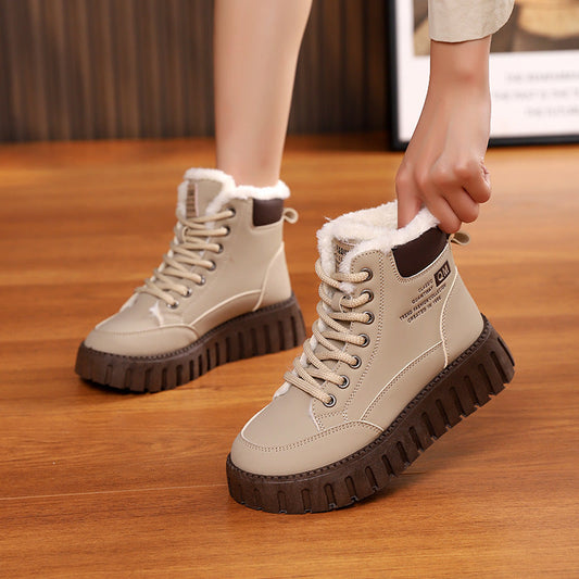 Ins Lace-up Snow Boots Winter Warm Fleece Flat Shoes For Women Fashion Casual Plush Ankle Boot Pi-Mart