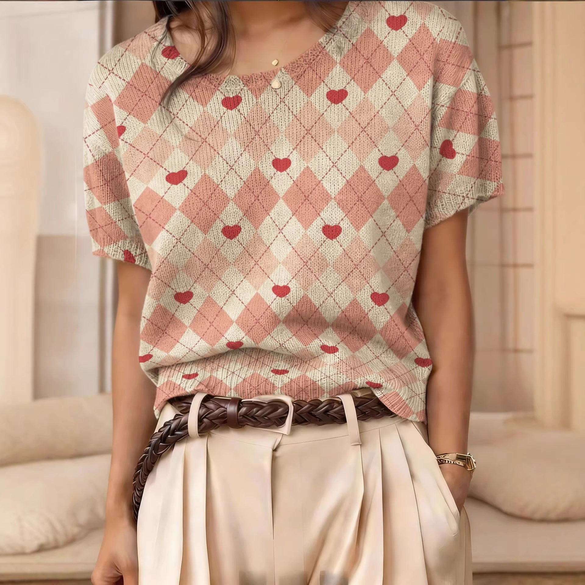 Women's Retro Short-Sleeve Jacquard Knit Top FitiqueFit