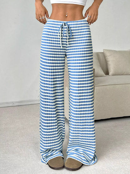 Striped Ribbed Knit Drawstring Waist Wide Leg Pants New Era Fashion LLc