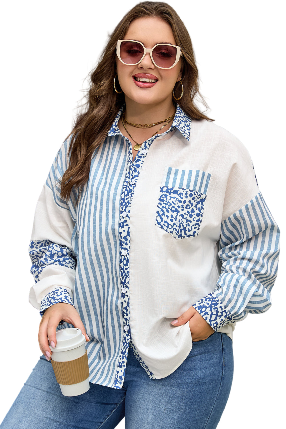 Sky Blue Leopard Striped Patchwork Casual Plus Shirt Garden Naked Curves