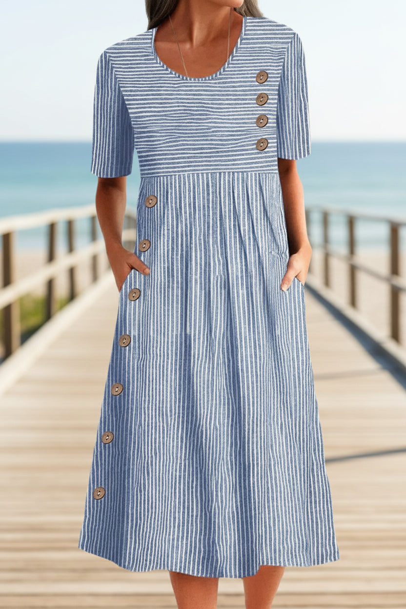 Button-Down Swing Maxi Dress – Short Sleeve Pocket Pullover Long Dress FitiqueFit
