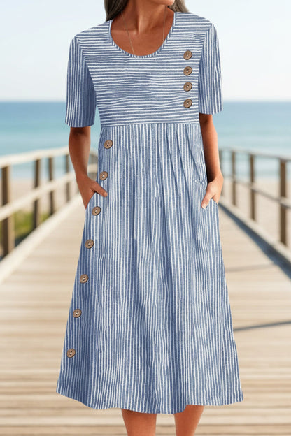 Button-Down Swing Maxi Dress – Short Sleeve Pocket Pullover Long Dress FitiqueFit