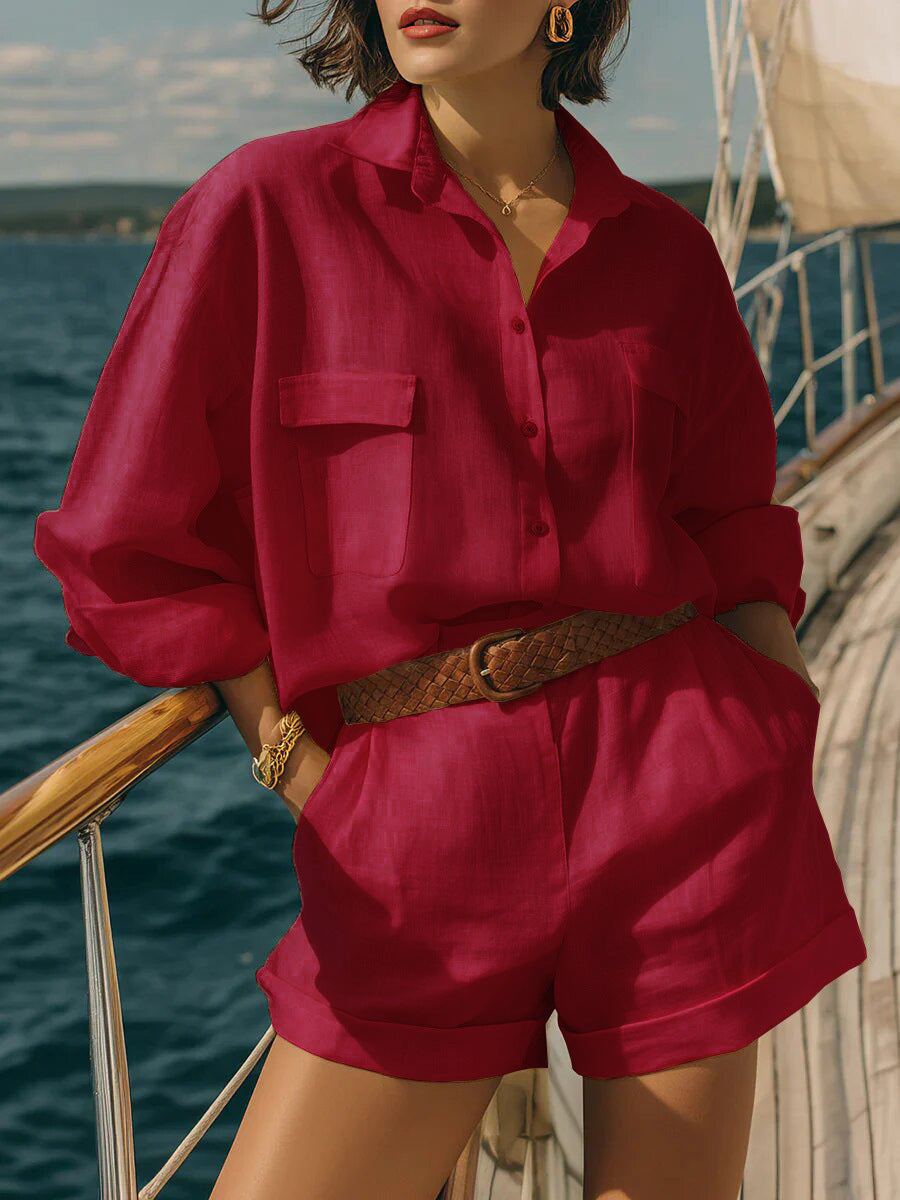 Cotton-Linen Loose-Fit Button-Down Shirt and Shorts Casual Set FitiqueFit