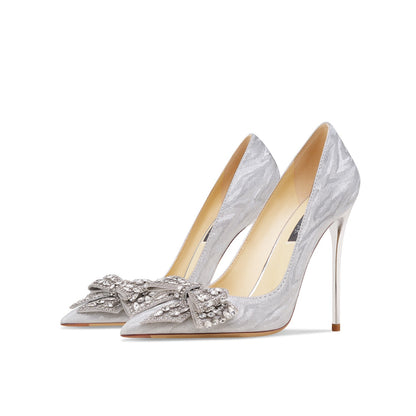 Genuine Leather Rhinestone Silver Bow High Heels See size chart under “more details” The Fashion Celestial