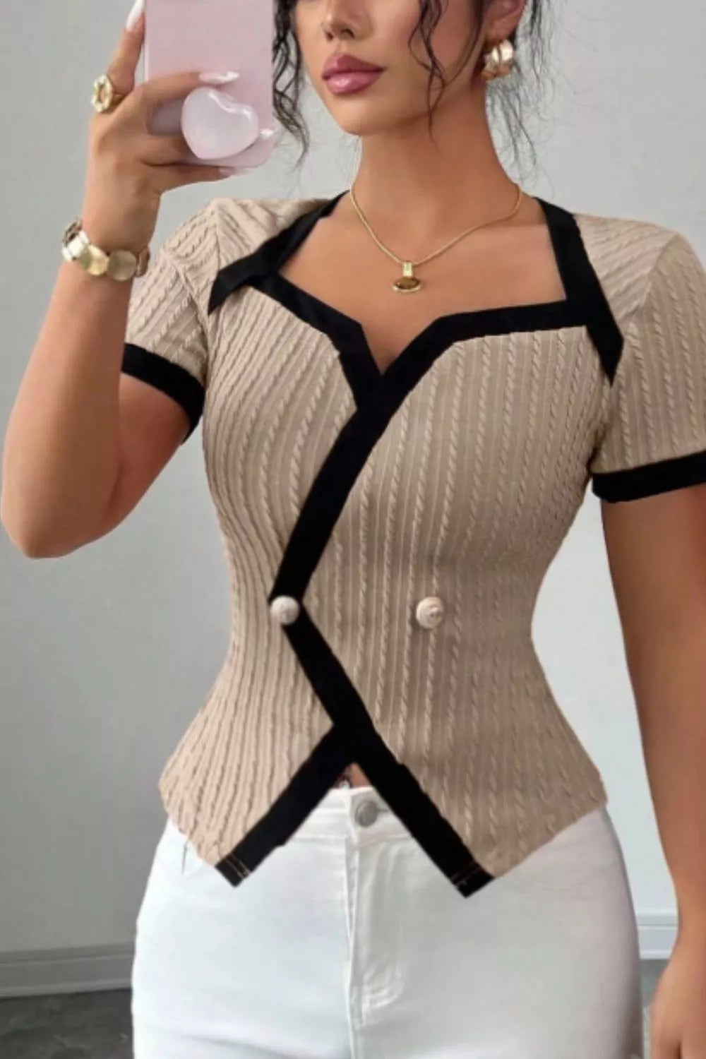 Contrast Trim Short Sleeve Top New Era Fashion LLc