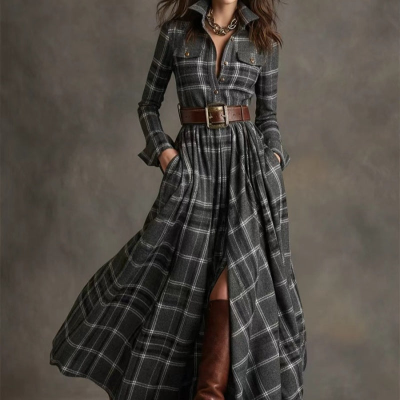 Women's Plus Size Plaid Print Long Sleeve Shirt Dress with Pockets FitiqueFit