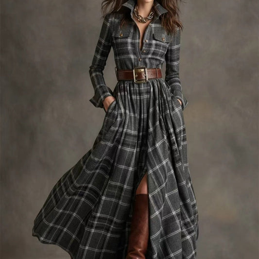 Women's Plus Size Plaid Print Long Sleeve Shirt Dress with Pockets FitiqueFit