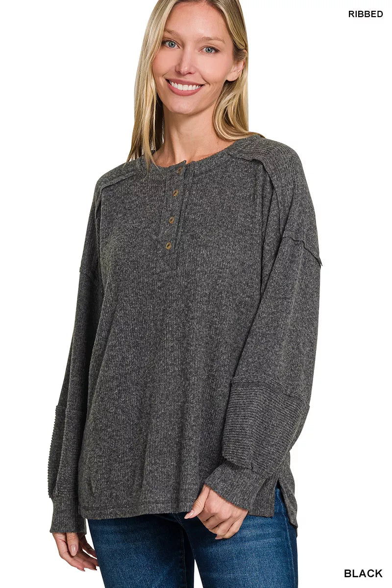 Zenana Full Size Ribbed Brushed Hacci Melange Henley Sweater Plus Size Garden Naked Curves
