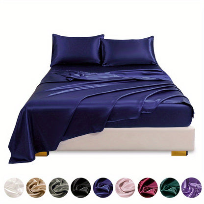 4pcs Satin Bed Sheet Four-Piece Set Includes One Fitted Sheet, One Flat Sheet, And Two Pillowcases. Pillowcases Do Not Include Inserts. Solid Colors Showcase Simple Elegance. The Simple Style Is Classic And Timeless. Polyeste NovaCart