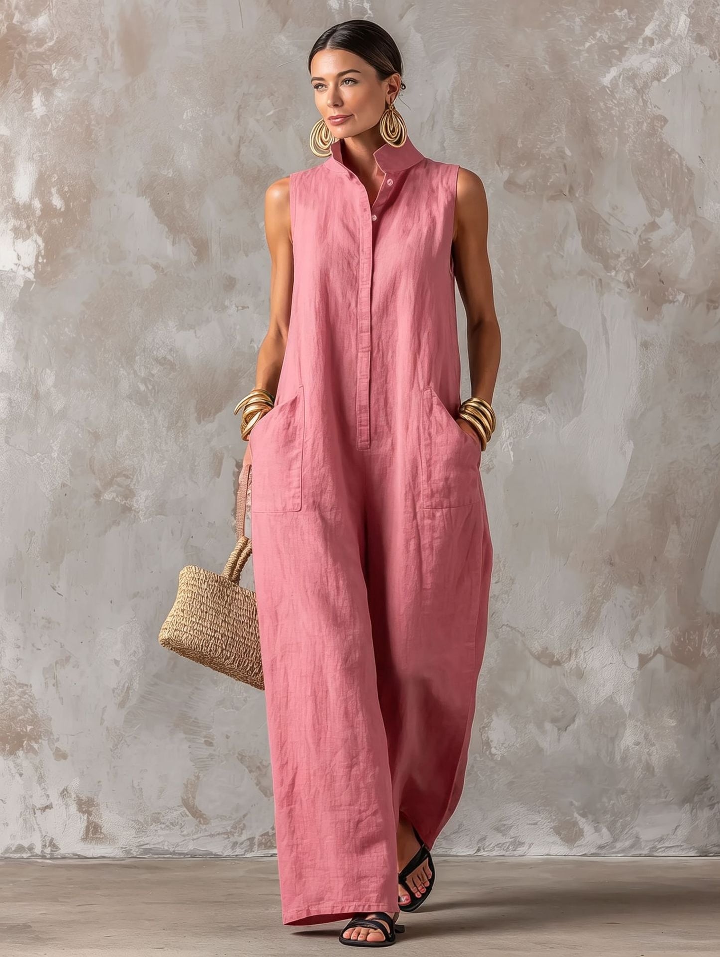 Linen Blend Sleeveless Stand-Collar Jumpsuit – 5 Colors S–3XL FitiqueFit