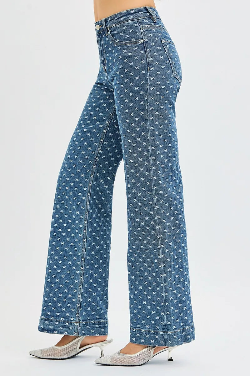 RISEN High Rise Wide Leg Bow Embroidered Jeans West2East Surf