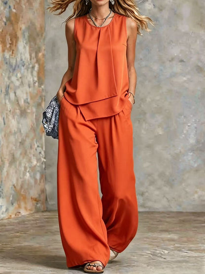 Women's Sleeveless Two-Piece Set – Solid Color Wide-Leg Pants & Top FitiqueFit