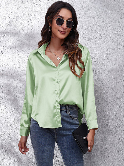 Hot Style In-Kind Shooting Satin Shirt Women'S Satin Imitation Long-Sleeved Shirt New European And American Cross-Border Women'S Clothing NovaCart