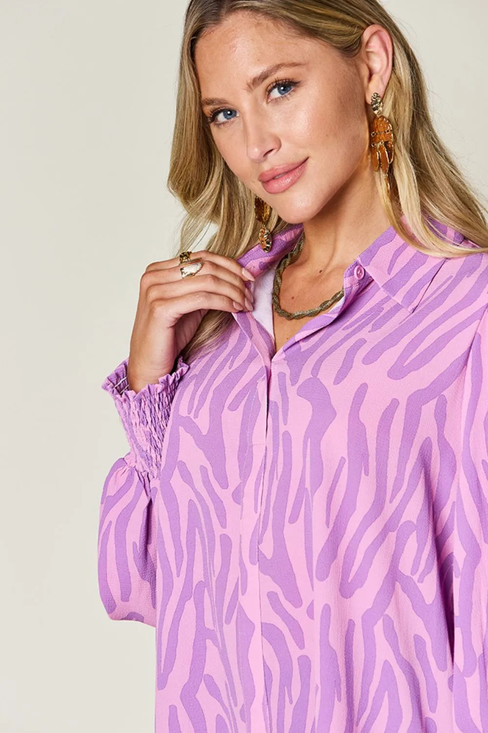 Double Take Full Size Printed Smocked Long Sleeve Blouse Plus Size New Era Fashion LLc