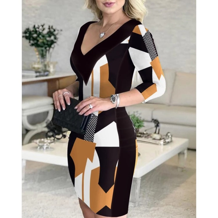 Printed Wrap Hip Skirt V-neck Dress Grayceful LLC