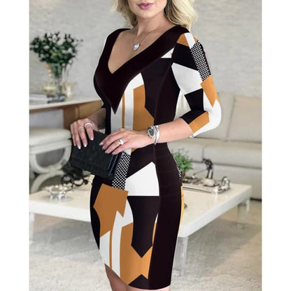Printed Wrap Hip Skirt V-neck Dress Grayceful LLC