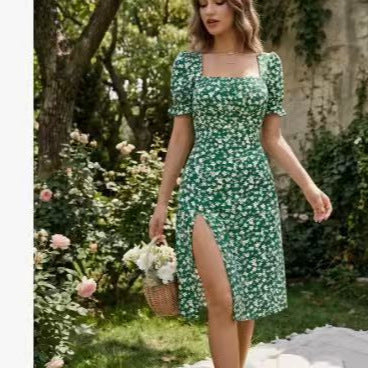 French Style Square Neck Floral Dress | Puff Sleeve A-Line FitiqueFit