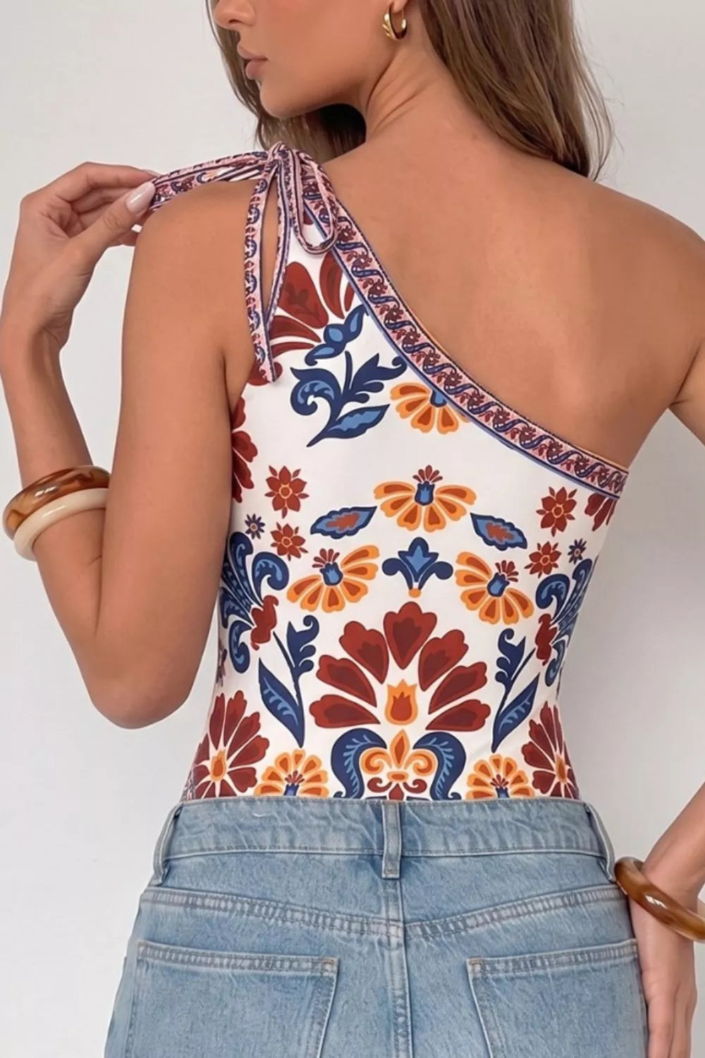 Floral Print One-Shoulder Tie Bodysuit New Era Fashion LLc